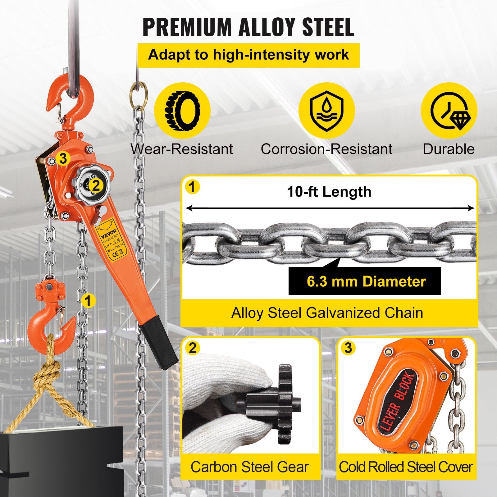 VEVOR Lever Chain Hoist, 0.75Ton 1650lbs Capacity Ratchet Puller with 10FT Max. Lifting Height, Come Along 2 Heavy Duty Steel Hooks, Manual Handling Tool for Cargo Moving in Construction, Warehouse 