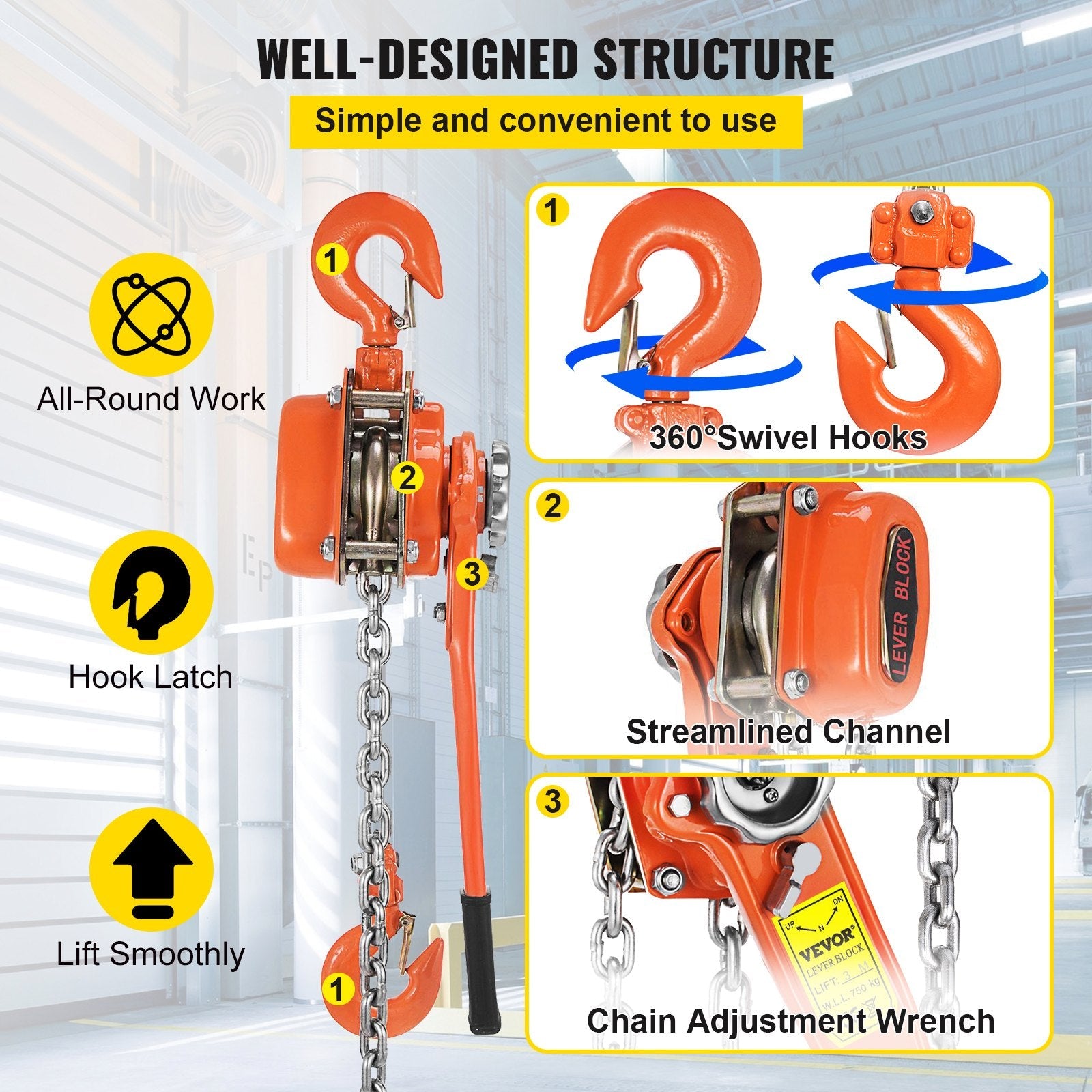 VEVOR Lever Chain Hoist, 0.75Ton 1650lbs Capacity Ratchet Puller with 10FT Max. Lifting Height, Come Along 2 Heavy Duty Steel Hooks, Manual Handling Tool for Cargo Moving in Construction, Warehouse 