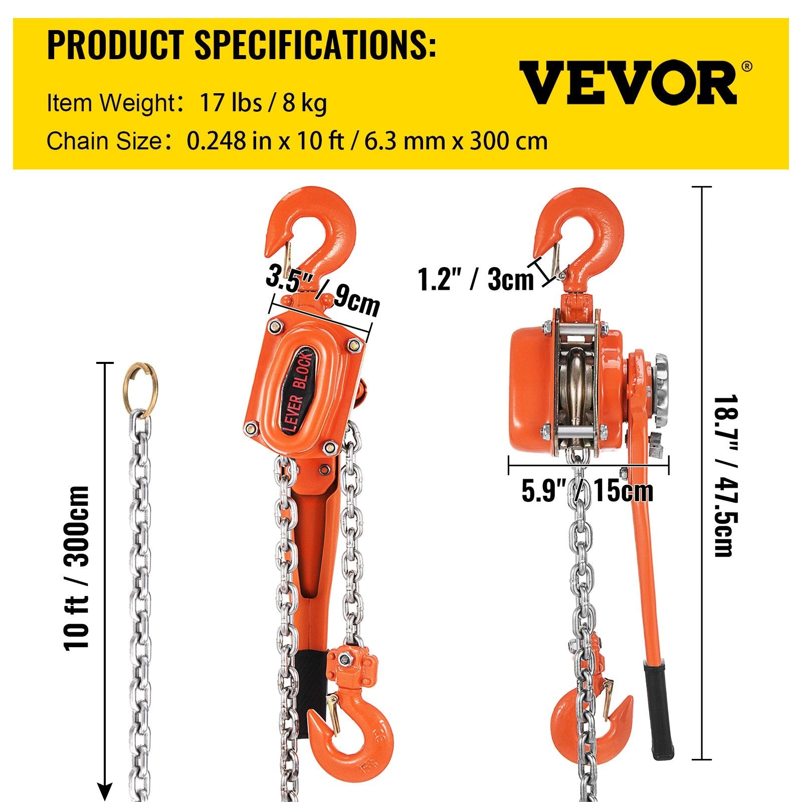 VEVOR Lever Chain Hoist, 0.75Ton 1650lbs Capacity Ratchet Puller with 10FT Max. Lifting Height, Come Along 2 Heavy Duty Steel Hooks, Manual Handling Tool for Cargo Moving in Construction, Warehouse 