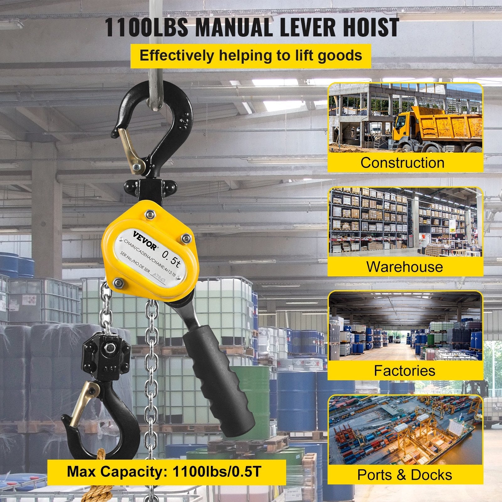 VEVOR 0.5T Lever Block Chain Hoist 3M 10Ft Chain Hoist Alloy Steel G80 Chain Ratchet Lever Hoist with Hook (0.5T 10 Ft) 