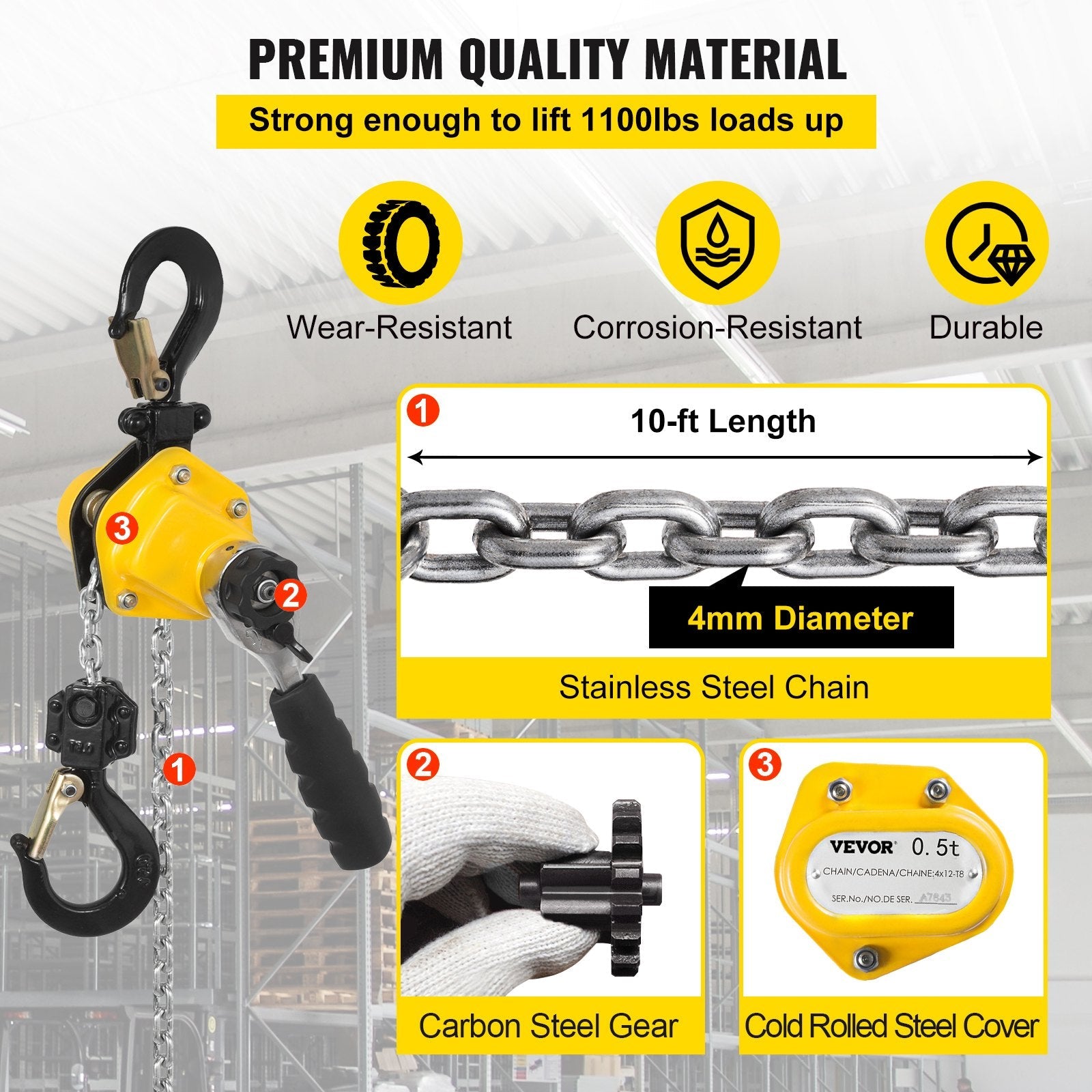 VEVOR 0.5T Lever Block Chain Hoist 3M 10Ft Chain Hoist Alloy Steel G80 Chain Ratchet Lever Hoist with Hook (0.5T 10 Ft) 