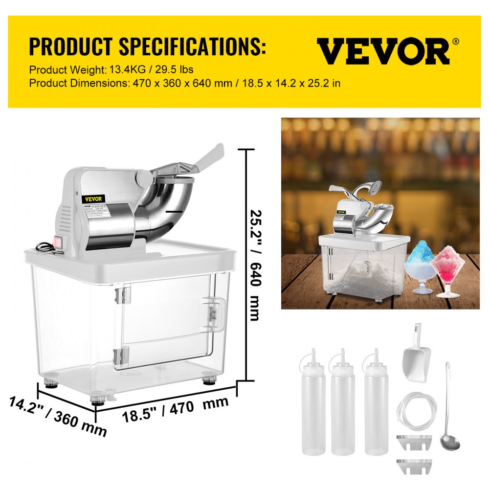 VEVOR 110V Commercial Ice Crusher 440LBS/H, ETL Approved 300W Electric Snow Cone Machine with Dual Blades, Stainless Steel Shaved Ice Machine with Safety On/Off Switch for Family, Restaurants, Bars 