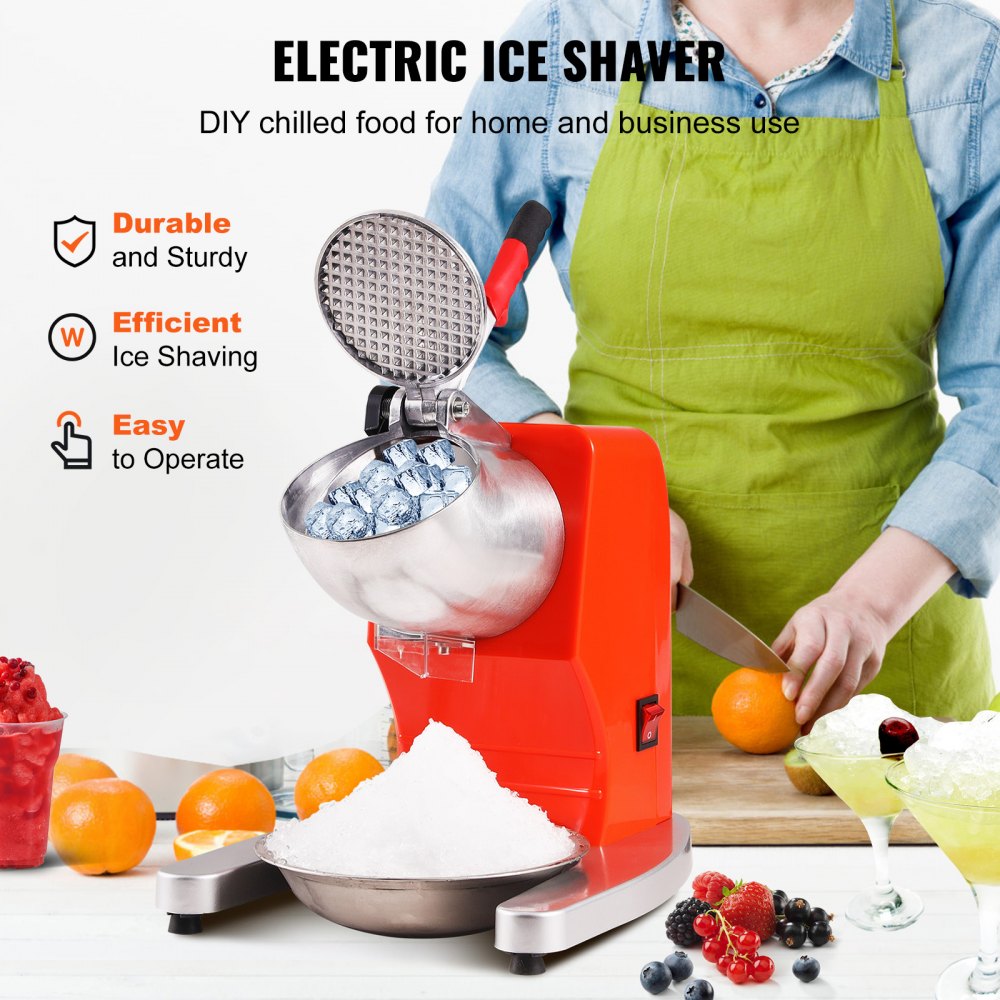 VEVOR Ice Crushers Machine, 220lbs Per Hour Electric Snow Cone Maker with 4 Blades, Stainless Steel Shaved Ice Machine with Cover and Bowl, 300W Ice Shaver Machine for Home and Commercial Use, Orange 