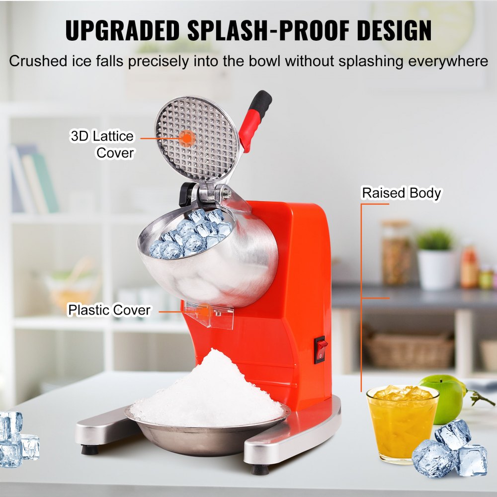 VEVOR Ice Crushers Machine, 220lbs Per Hour Electric Snow Cone Maker with 4 Blades, Stainless Steel Shaved Ice Machine with Cover and Bowl, 300W Ice Shaver Machine for Home and Commercial Use, Orange 