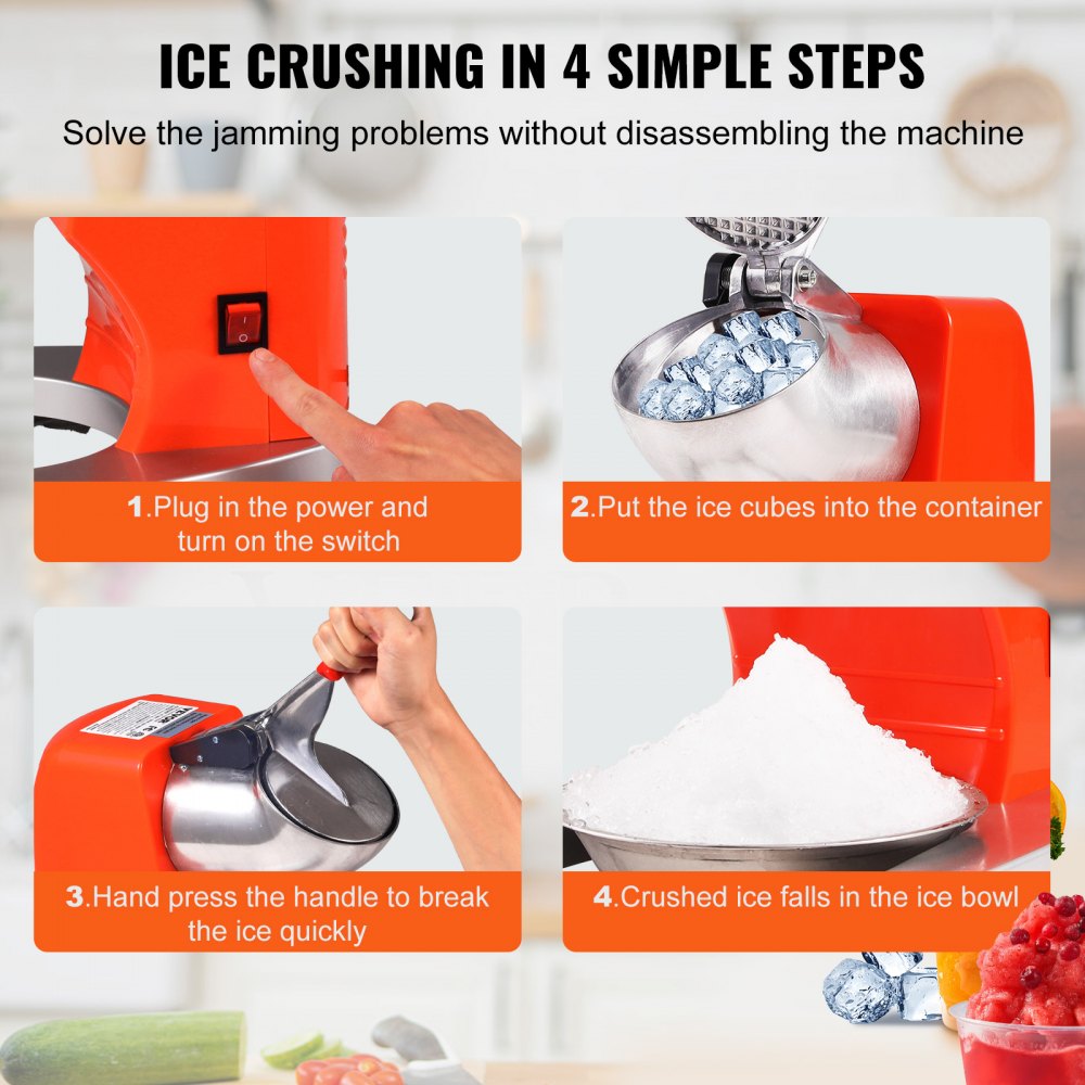 VEVOR Ice Crushers Machine, 220lbs Per Hour Electric Snow Cone Maker with 4 Blades, Stainless Steel Shaved Ice Machine with Cover and Bowl, 300W Ice Shaver Machine for Home and Commercial Use, Orange 