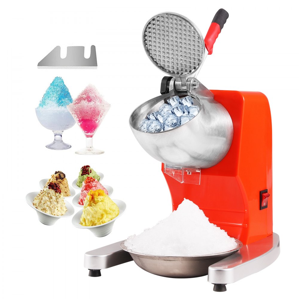 VEVOR Ice Crushers Machine, 220lbs Per Hour Electric Snow Cone Maker with 4 Blades, Stainless Steel Shaved Ice Machine with Cover and Bowl, 300W Ice Shaver Machine for Home and Commercial Use, Orange 