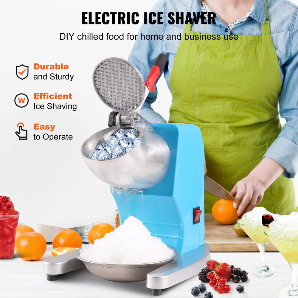 VEVOR Ice Crushers Machine, 220lbs Per Hour Electric Snow Cone Maker with 4 Blades, Stainless Steel Shaved Ice Machine with Cover and Bowl, 300W Ice Shaver Machine for Home and Commercial Use, Blue 