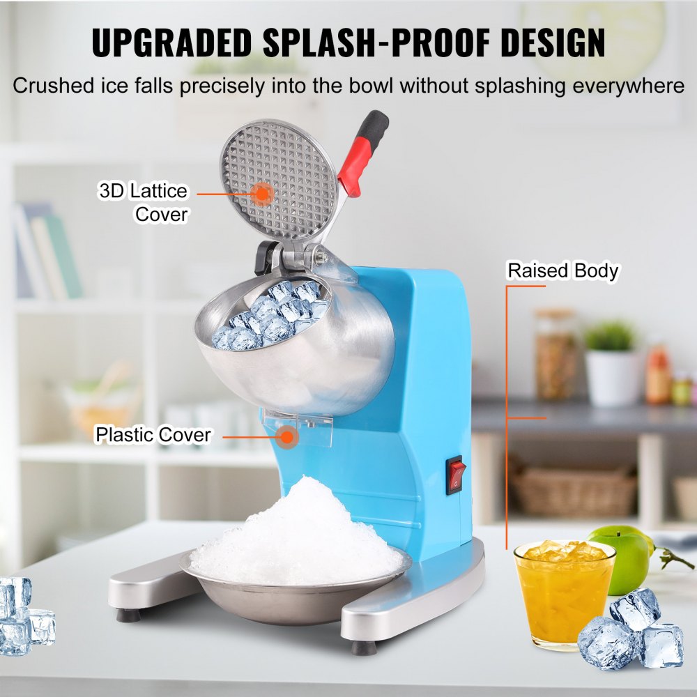VEVOR Ice Crushers Machine, 220lbs Per Hour Electric Snow Cone Maker with 4 Blades, Stainless Steel Shaved Ice Machine with Cover and Bowl, 300W Ice Shaver Machine for Home and Commercial Use, Blue 