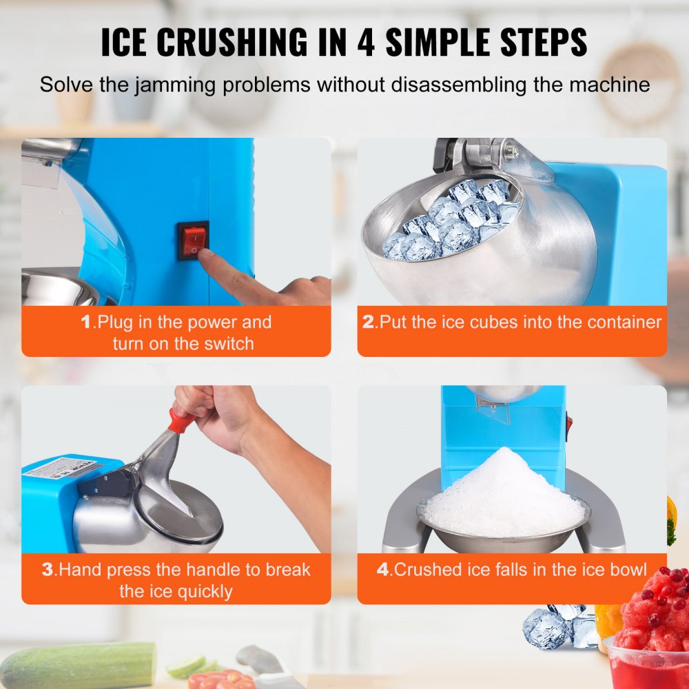 VEVOR Ice Crushers Machine, 220lbs Per Hour Electric Snow Cone Maker with 4 Blades, Stainless Steel Shaved Ice Machine with Cover and Bowl, 300W Ice Shaver Machine for Home and Commercial Use, Blue 