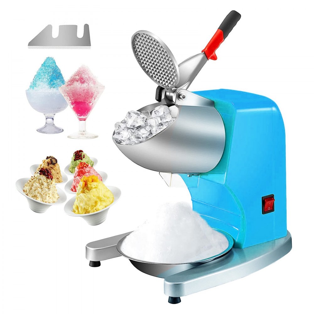VEVOR Ice Crushers Machine, 220lbs Per Hour Electric Snow Cone Maker with 4 Blades, Stainless Steel Shaved Ice Machine with Cover and Bowl, 300W Ice Shaver Machine for Home and Commercial Use, Blue 