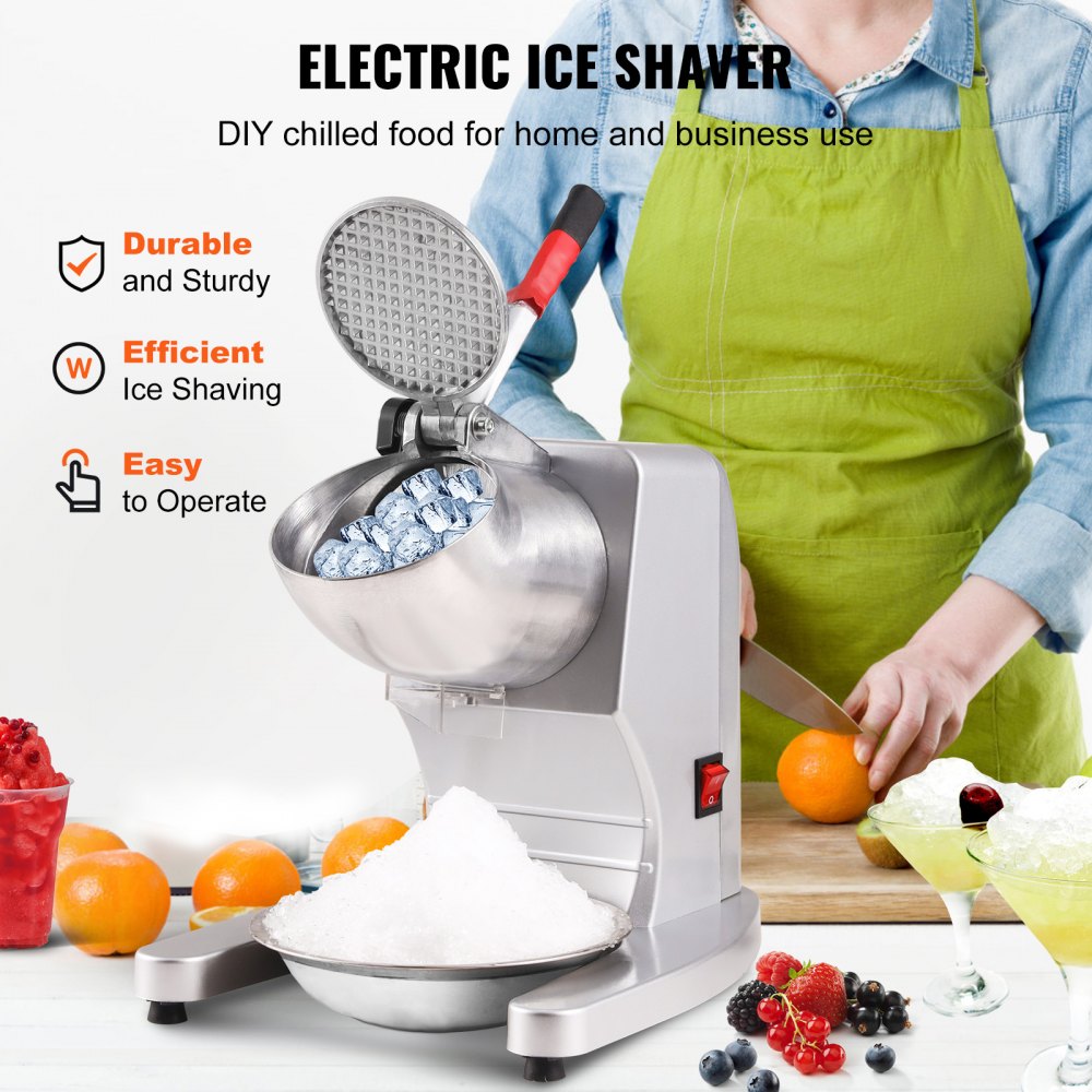 VEVOR Ice Crushers Machine, 220lbs Per Hour Electric Snow Cone Maker with 4 Blades, Stainless Steel Shaved Ice Machine with Cover and Bowl, 300W Ice Shaver Machine for Home and Commercial Use, Silver 