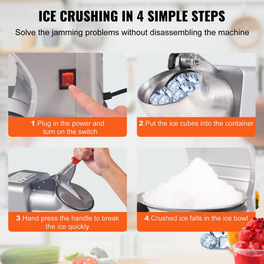 VEVOR Ice Crushers Machine, 220lbs Per Hour Electric Snow Cone Maker with 4 Blades, Stainless Steel Shaved Ice Machine with Cover and Bowl, 300W Ice Shaver Machine for Home and Commercial Use, Silver 