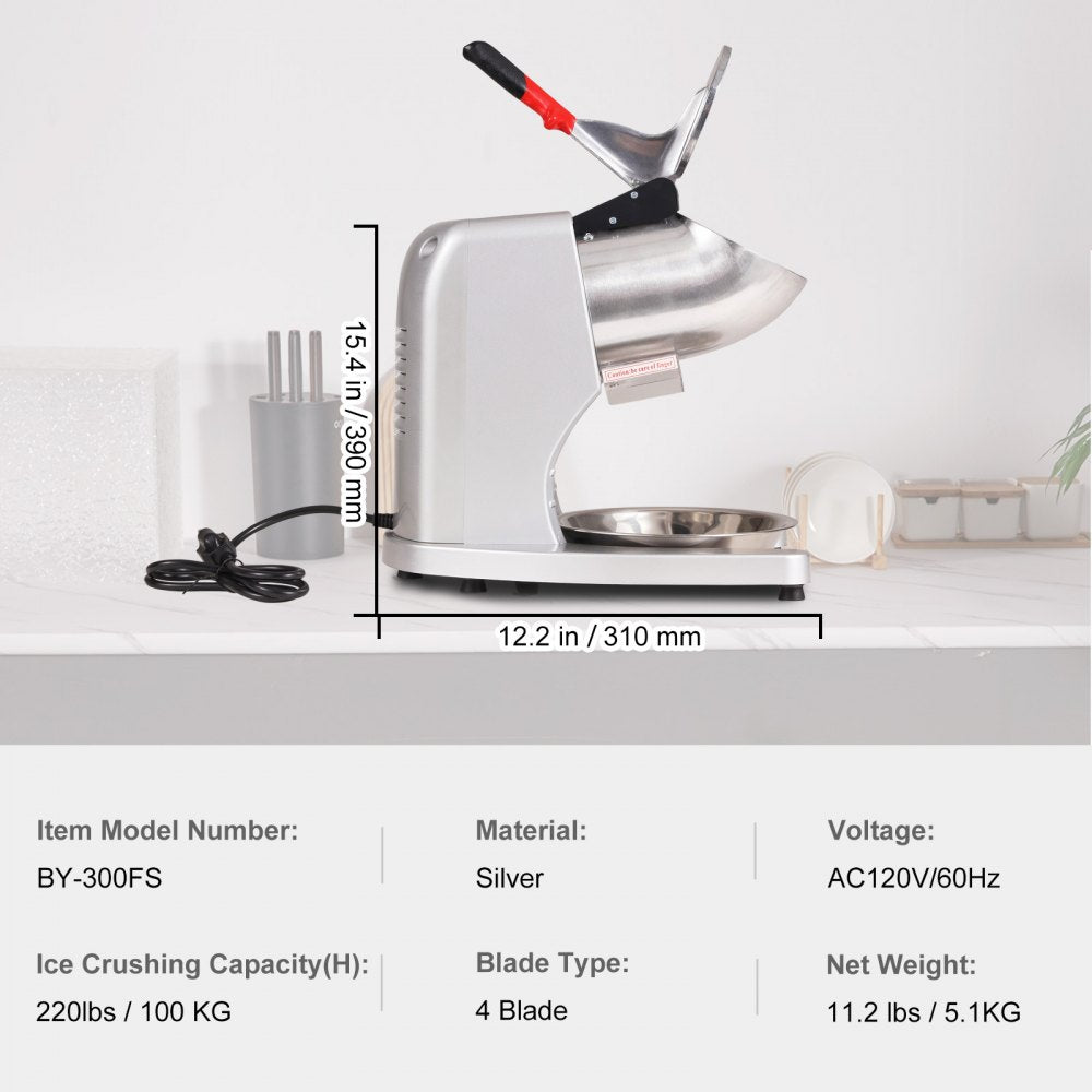 VEVOR Ice Crushers Machine, 220lbs Per Hour Electric Snow Cone Maker with 4 Blades, Stainless Steel Shaved Ice Machine with Cover and Bowl, 300W Ice Shaver Machine for Home and Commercial Use, Silver 