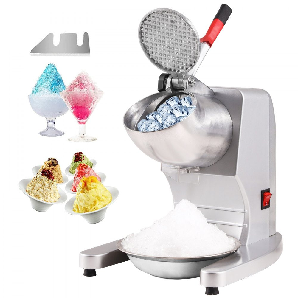 VEVOR Ice Crushers Machine, 220lbs Per Hour Electric Snow Cone Maker with 4 Blades, Stainless Steel Shaved Ice Machine with Cover and Bowl, 300W Ice Shaver Machine for Home and Commercial Use, Silver 