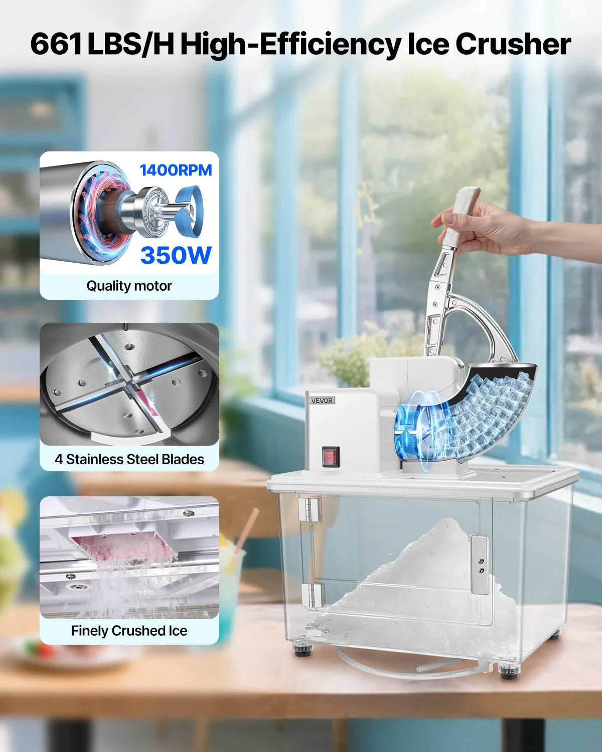 VEVOR Commercial Ice Crusher 661LBS/H, 350W Electric Snow Cone Machine with 4 Blades, 1400RPM Stainless Steel Shaved Ice Machine with 11 Gal Crushed-Ice Box, for Family Restaurants Bars, White 