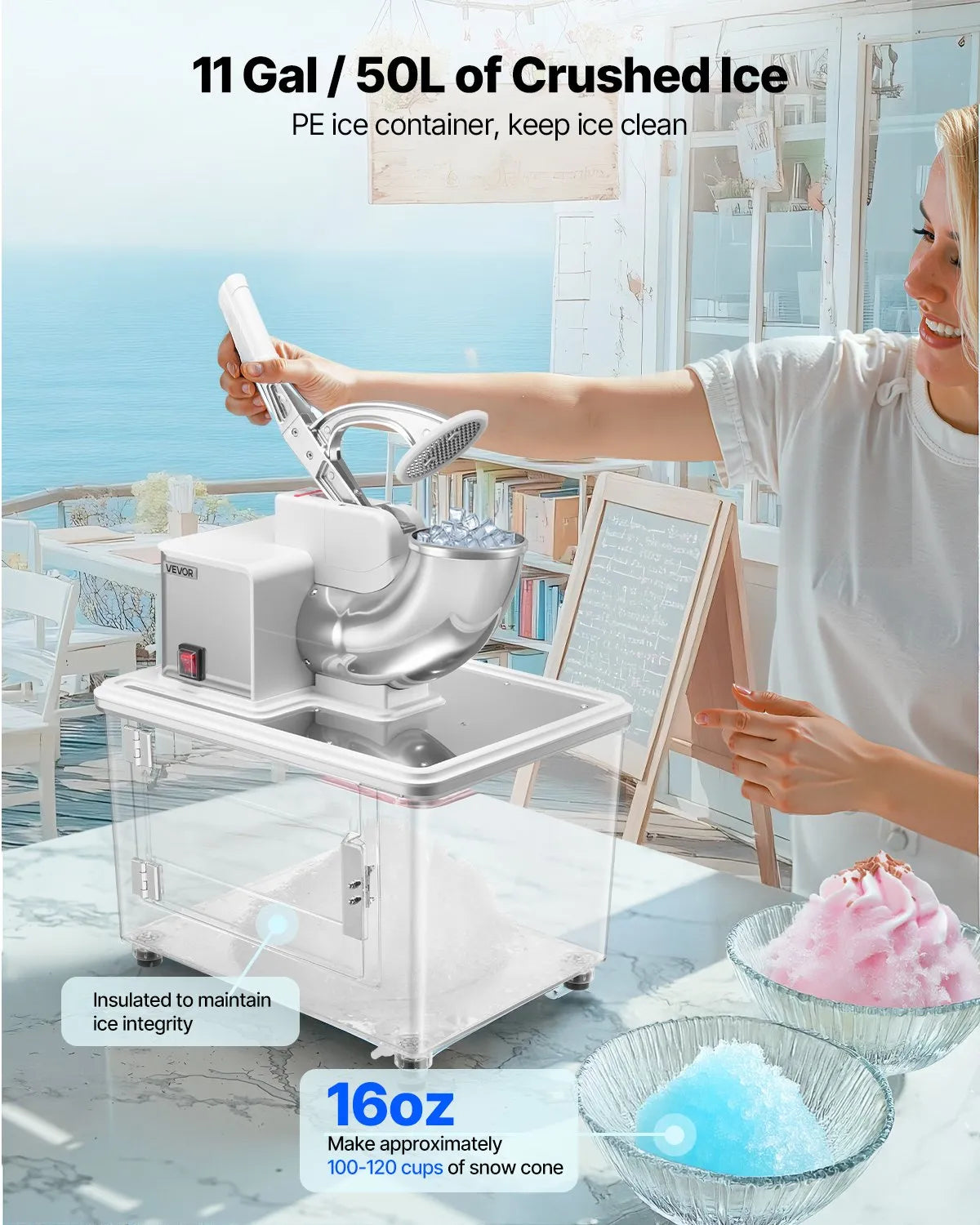 VEVOR Commercial Ice Crusher 661LBS/H, 350W Electric Snow Cone Machine with 4 Blades, 1400RPM Stainless Steel Shaved Ice Machine with 11 Gal Crushed-Ice Box, for Family Restaurants Bars, White 