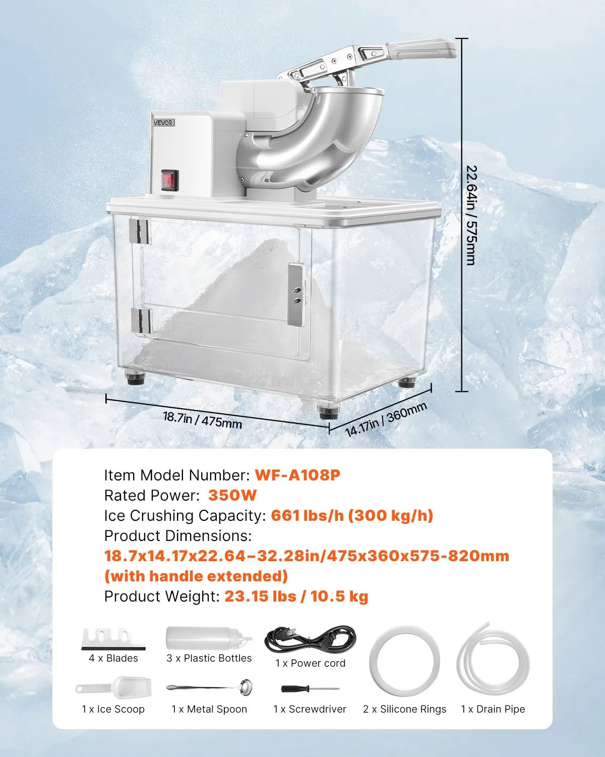 VEVOR Commercial Ice Crusher 661LBS/H, 350W Electric Snow Cone Machine with 4 Blades, 1400RPM Stainless Steel Shaved Ice Machine with 11 Gal Crushed-Ice Box, for Family Restaurants Bars, White 