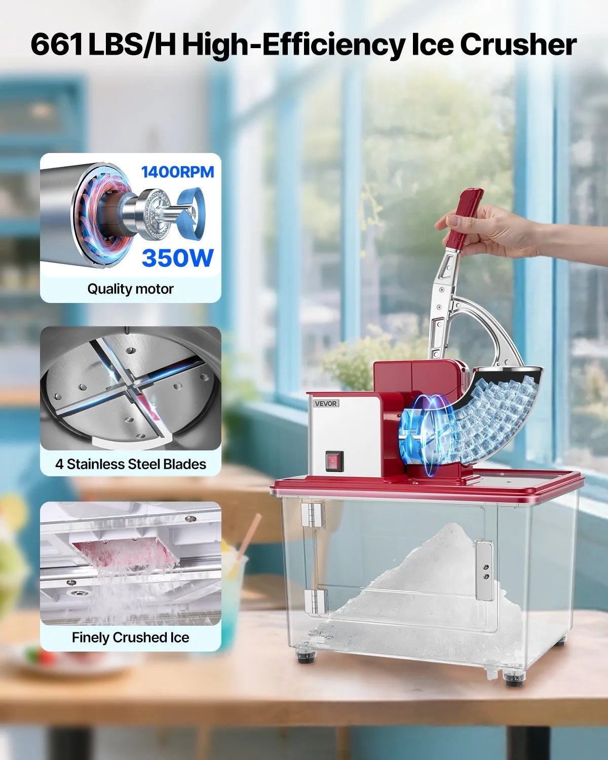 VEVOR Commercial Ice Crusher 661LBS/H, 350W Electric Snow Cone Machine with 4 Blades, 2000RPM Stainless Steel Shaved Ice Machine with 11 Gal Crushed-Ice Box, for Family Restaurants Bars, Red 