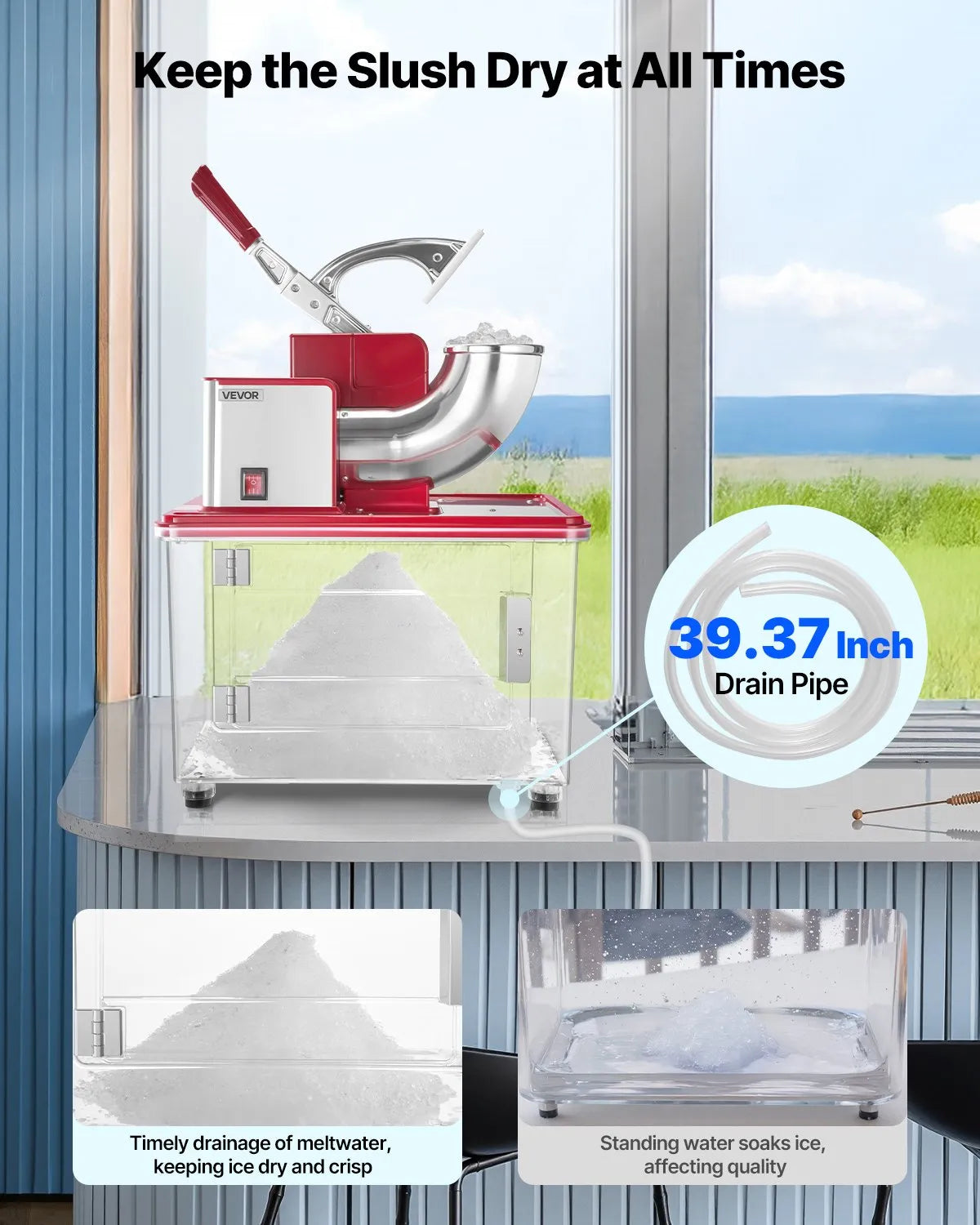 VEVOR Commercial Ice Crusher 661LBS/H, 350W Electric Snow Cone Machine with 4 Blades, 2000RPM Stainless Steel Shaved Ice Machine with 11 Gal Crushed-Ice Box, for Family Restaurants Bars, Red 