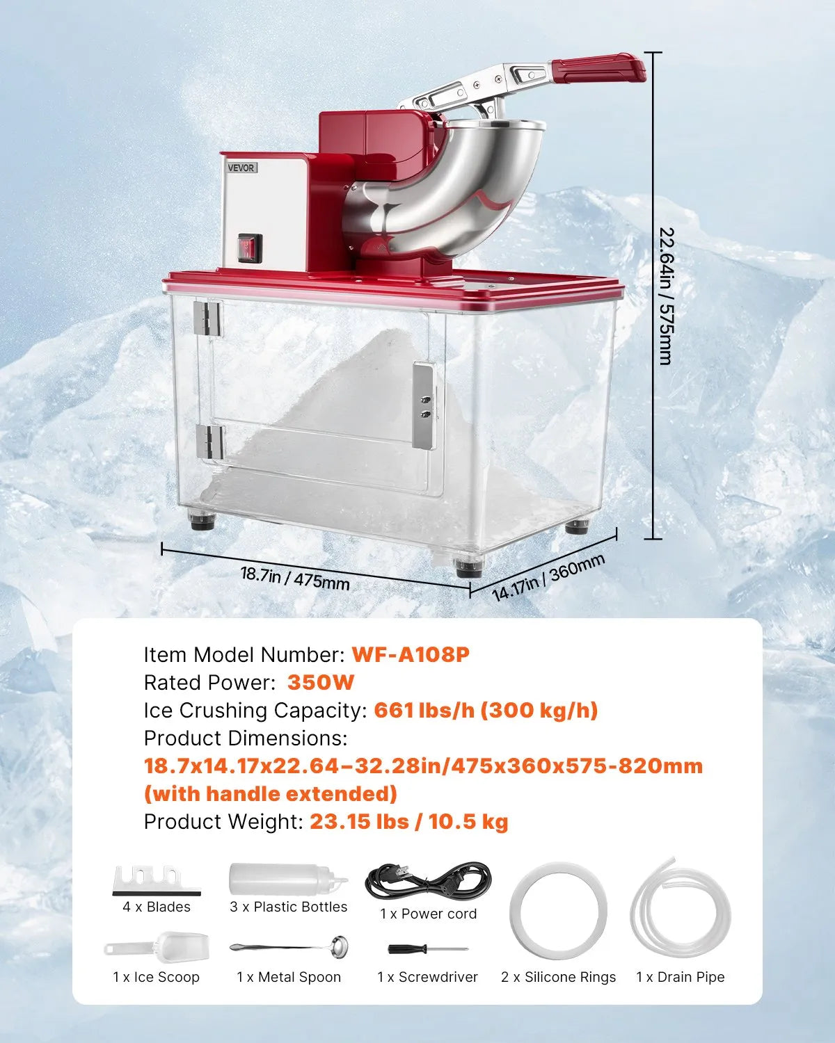 VEVOR Commercial Ice Crusher 661LBS/H, 350W Electric Snow Cone Machine with 4 Blades, 2000RPM Stainless Steel Shaved Ice Machine with 11 Gal Crushed-Ice Box, for Family Restaurants Bars, Red 