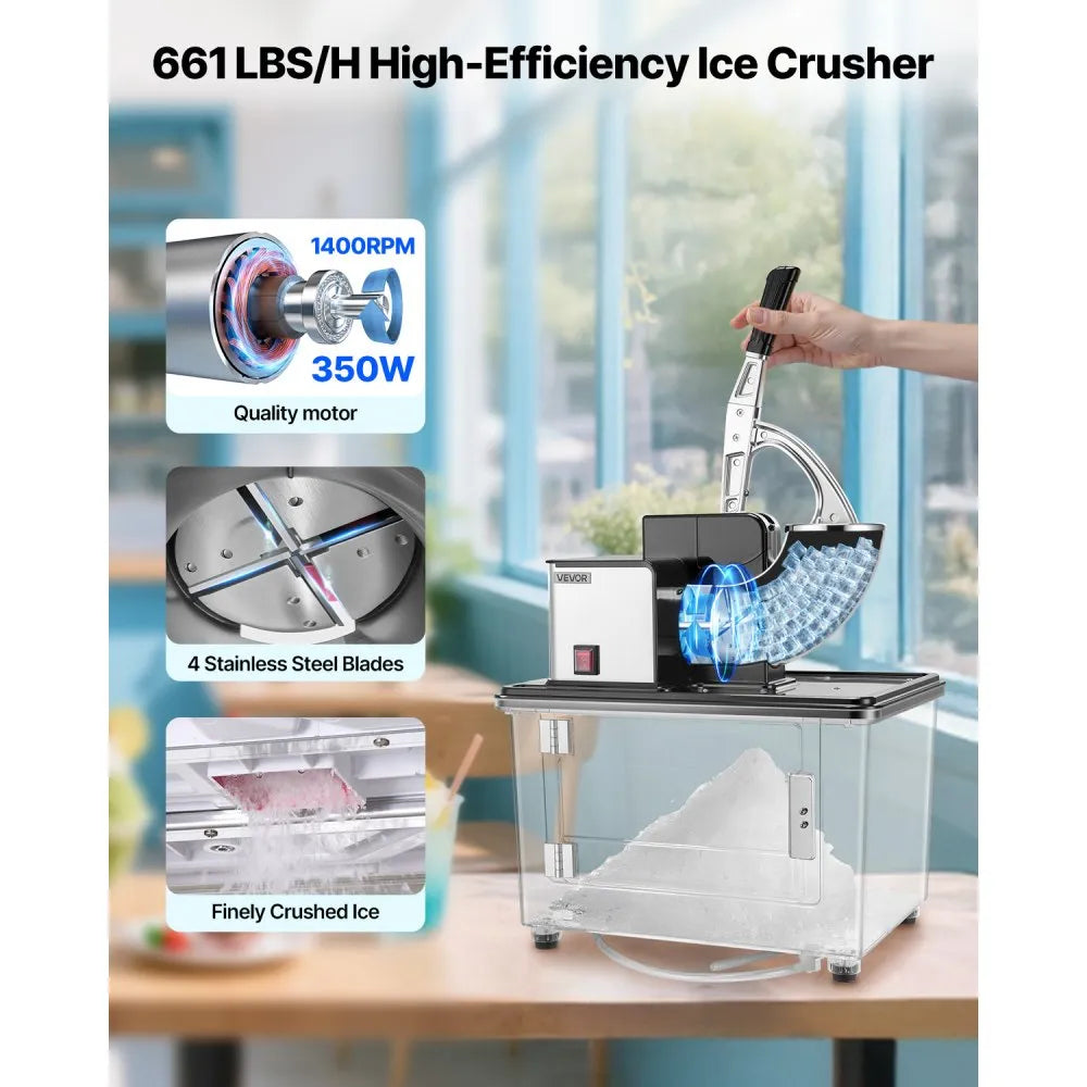 VEVOR Commercial Ice Crusher 661LBS/H, 350W Electric Snow Cone Machine with 4 Blades, 2000RPM Stainless Steel Shaved Ice Machine with 11 Gal Crushed-Ice Box, for Family Restaurants Bars, Black 