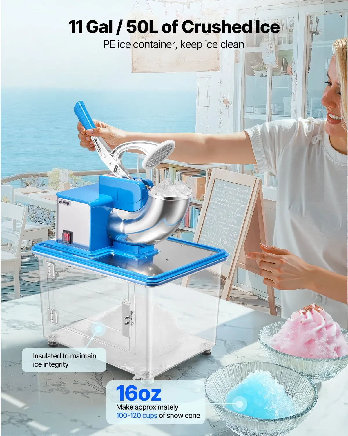 VEVOR Commercial Ice Crusher 661LBS/H, 350W Electric Snow Cone Machine with 4 Blades, 2000RPM Stainless Steel Shaved Ice Machine with 11 Gal Crushed-Ice Box 