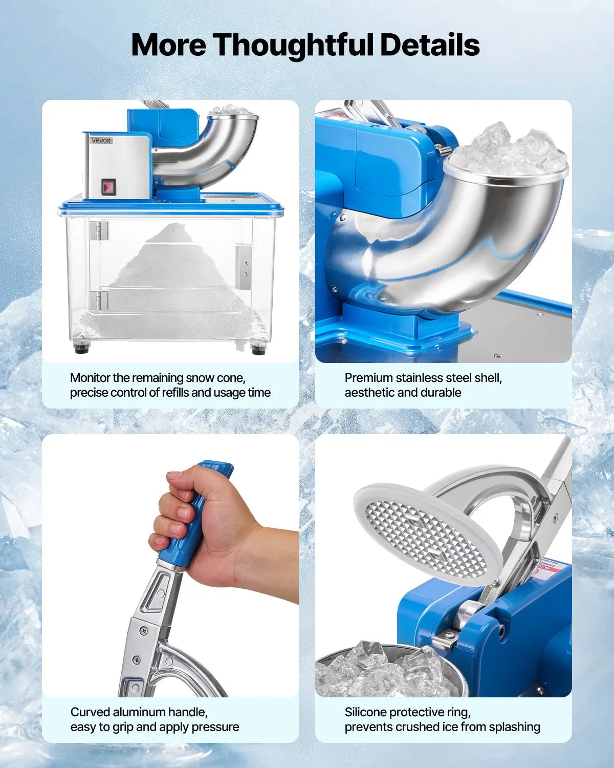 VEVOR Commercial Ice Crusher 661LBS/H, 350W Electric Snow Cone Machine with 4 Blades, 2000RPM Stainless Steel Shaved Ice Machine with 11 Gal Crushed-Ice Box 
