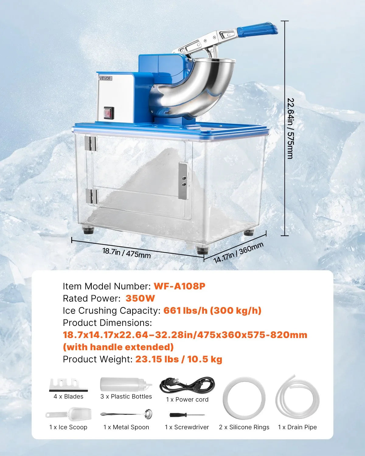 VEVOR Commercial Ice Crusher 661LBS/H, 350W Electric Snow Cone Machine with 4 Blades, 2000RPM Stainless Steel Shaved Ice Machine with 11 Gal Crushed-Ice Box 