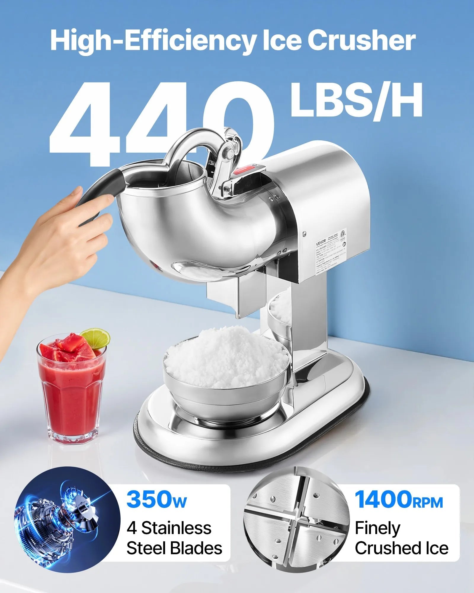 VEVOR Ice Crusher Machine, 440lbs Per Hour Electric 4 Blades Snow Cone Maker, All Stainless Steel Shaved Ice Machine with Bowl and Cover, 350W 1400RPM Ice-Shaver for Home and Commercial Use, Silver 