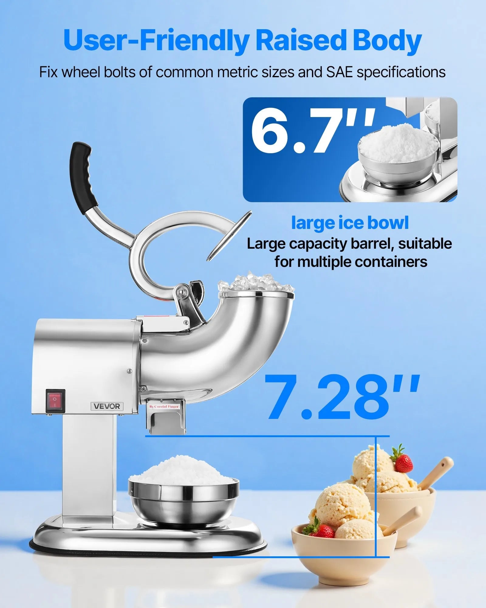 VEVOR Ice Crusher Machine, 440lbs Per Hour Electric 4 Blades Snow Cone Maker, All Stainless Steel Shaved Ice Machine with Bowl and Cover, 350W 1400RPM Ice-Shaver for Home and Commercial Use, Silver 