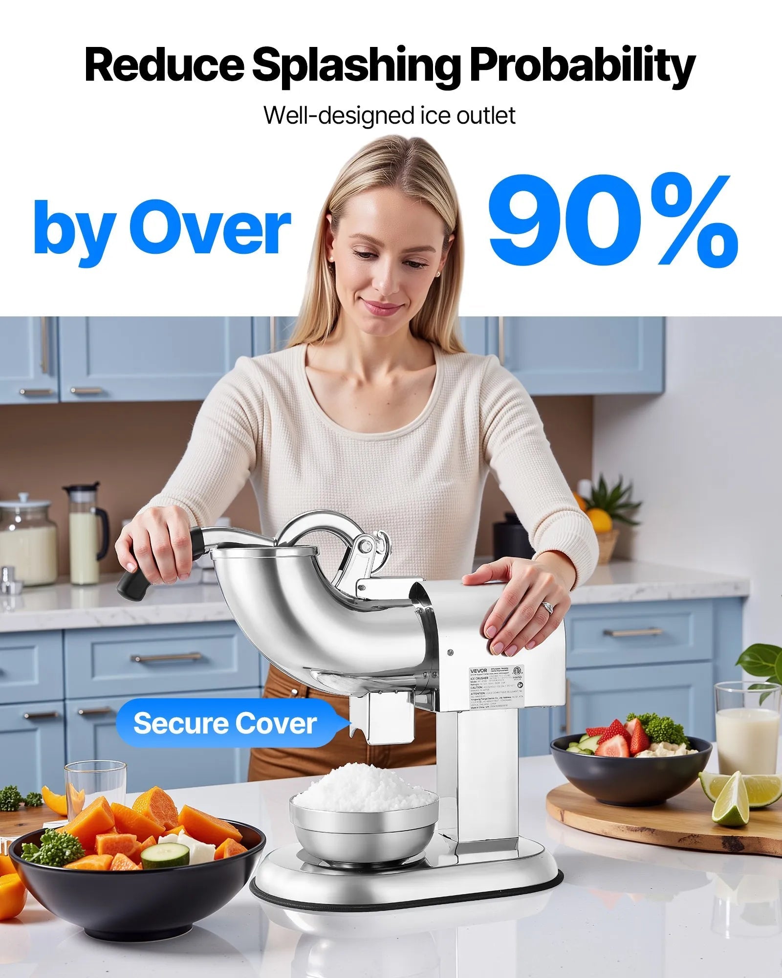 VEVOR Ice Crusher Machine, 440lbs Per Hour Electric 4 Blades Snow Cone Maker, All Stainless Steel Shaved Ice Machine with Bowl and Cover, 350W 1400RPM Ice-Shaver for Home and Commercial Use, Silver 