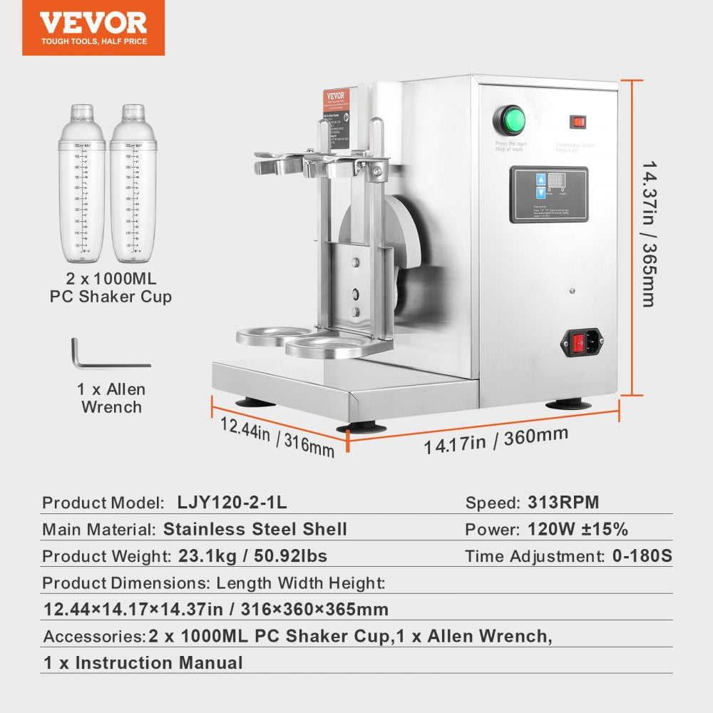 VEVOR Milkshake Maker Machine, 120W Commercial Milk Tea Shaker Machine, Double Head Milk Shake Mixer Machine, 0-180s Adjustable Milkshake Blender, with 1 L PC Cup, for Milk Tea Store 