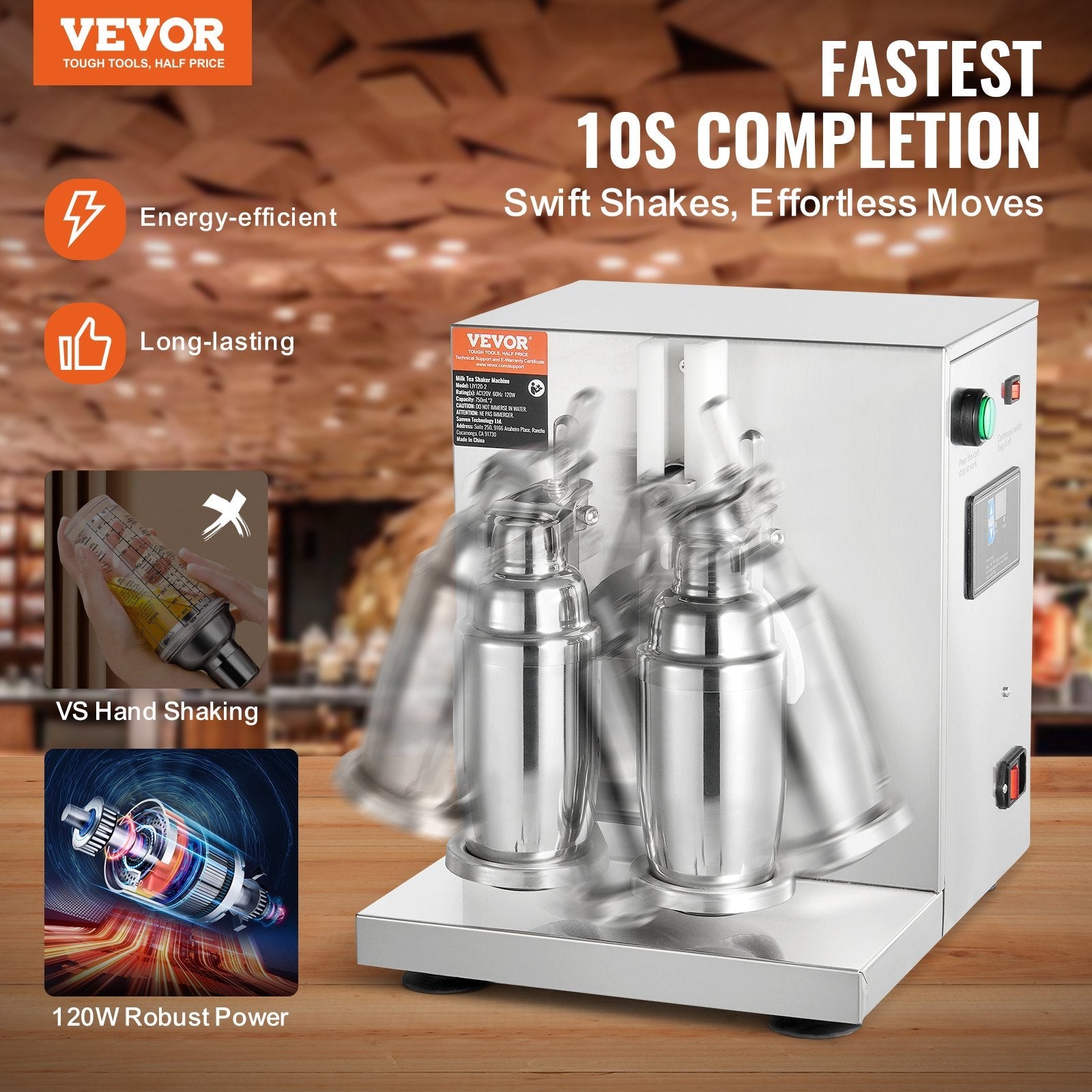 VEVOR Milkshake Maker Machine, 120W Commercial Milk Tea Shaker Machine, Double Head Milk Shake Mixer Machine, 0-180s Adjustable Milkshake Blender, with 750 ml Stainless Steel Cup, for Milk Tea Store 