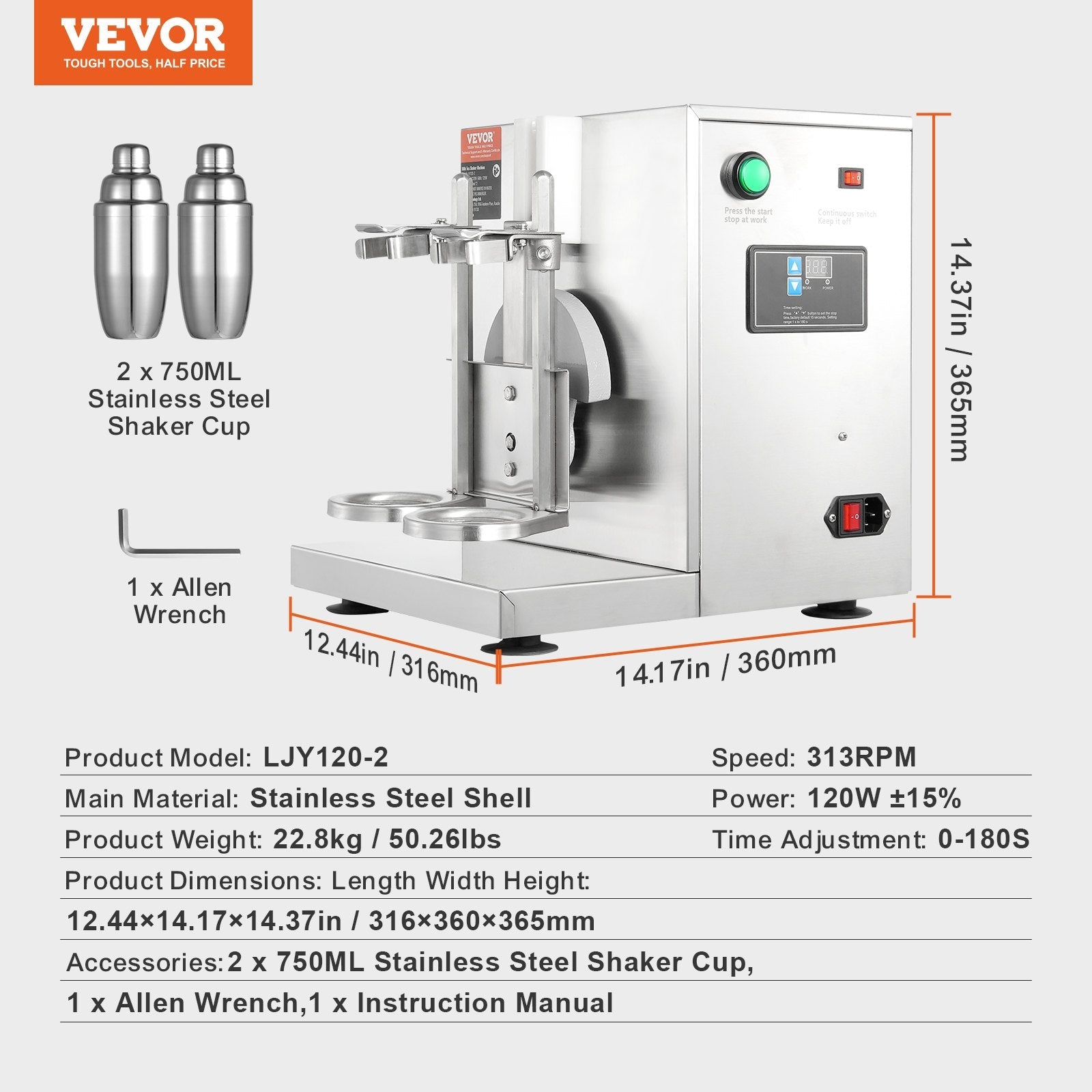 VEVOR Milkshake Maker Machine, 120W Commercial Milk Tea Shaker Machine, Double Head Milk Shake Mixer Machine, 0-180s Adjustable Milkshake Blender, with 750 ml Stainless Steel Cup, for Milk Tea Store 
