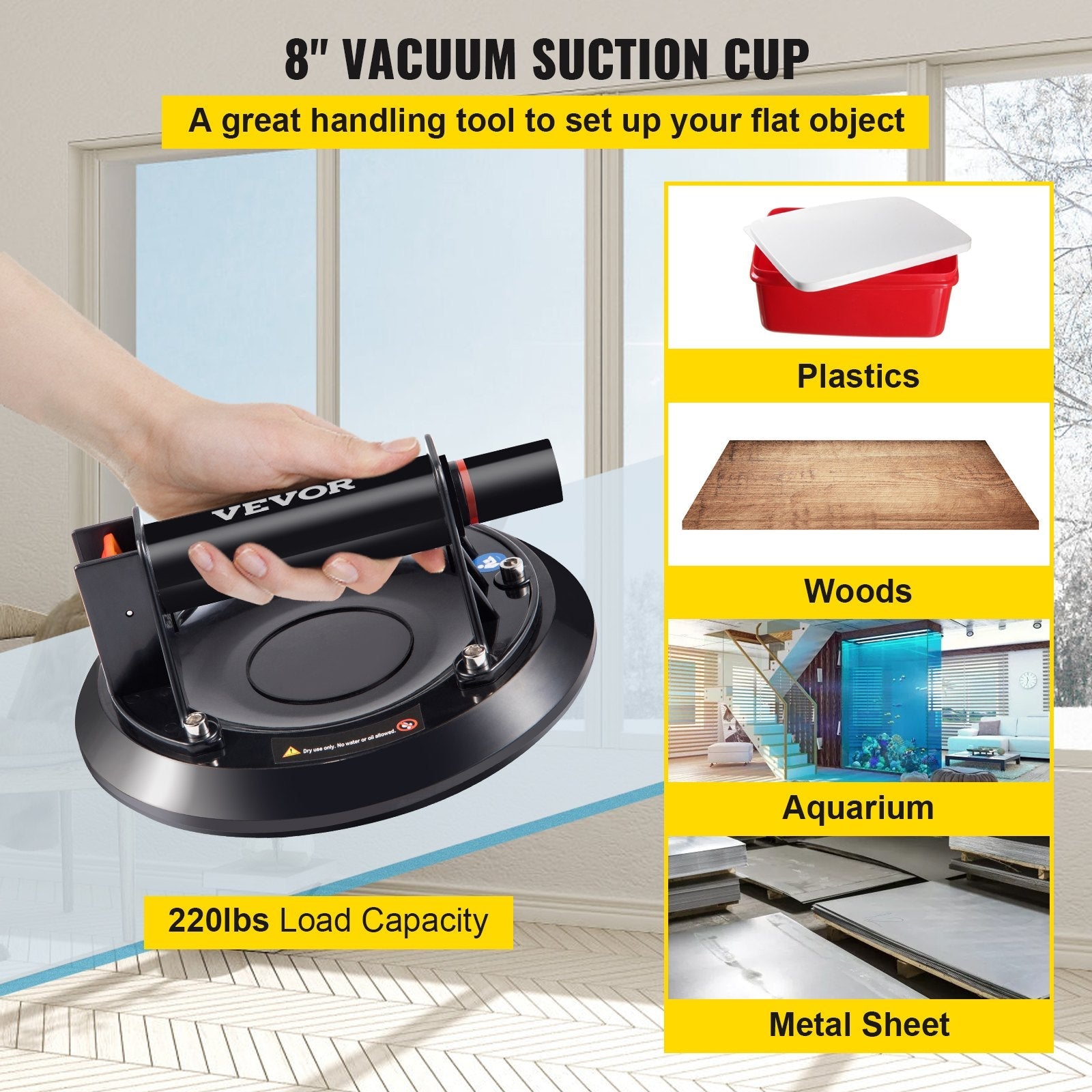 VEVOR Glass Lifting Vacuum Suction Cup, 8'' Glass Lifter Suction Cup, 220lbs Load Capacity Glass Lifting Suction Cup, Heavy-Duty Hand-Held Glass Lifter For Moving Large Granite Tile & Replacing Window 