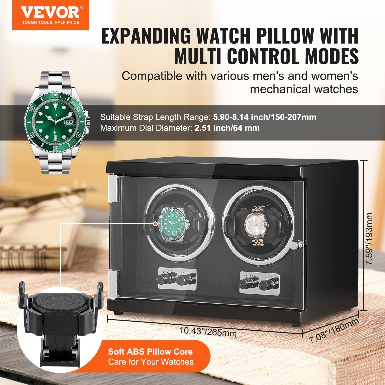 VEVOR Watch Winder, Dual Watch Winder for Men's and Women's Automatic Watch, with 2 Super Quiet Japanese Mabuchi Motors, Blue LED Light and Adapter, High-Density Board Shell and Black PU 