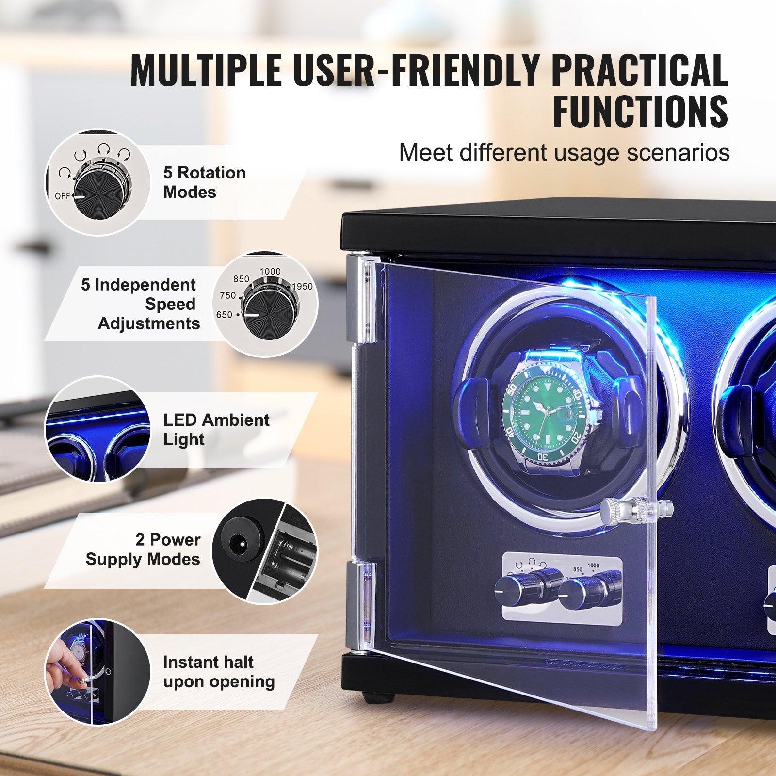 VEVOR Watch Winder, Dual Watch Winder for Men's and Women's Automatic Watch, with 2 Super Quiet Japanese Mabuchi Motors, Blue LED Light and Adapter, High-Density Board Shell and Black PU 