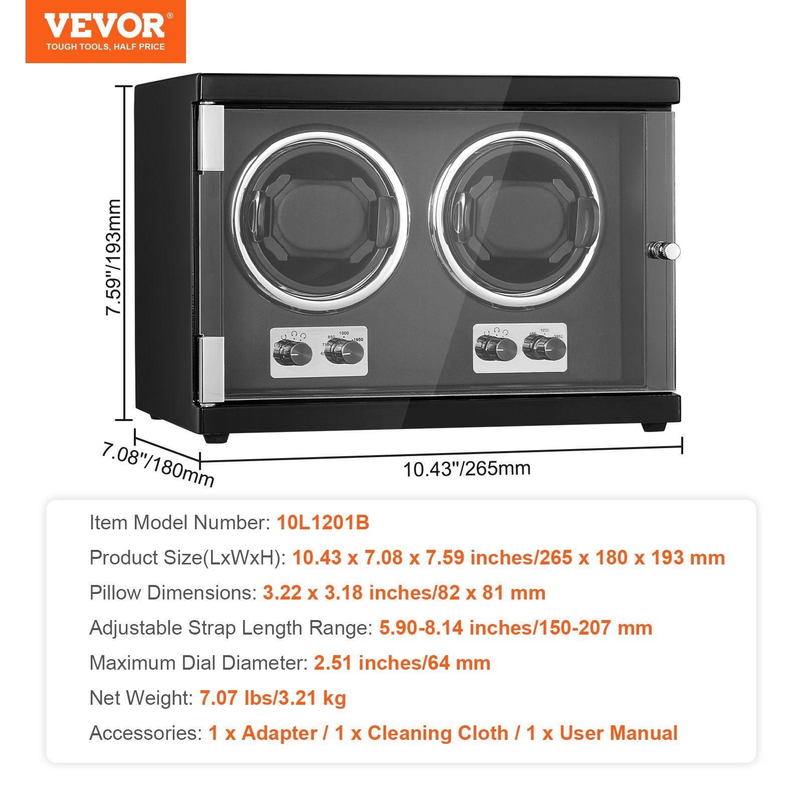 VEVOR Watch Winder, Dual Watch Winder for Men's and Women's Automatic Watch, with 2 Super Quiet Japanese Mabuchi Motors, Blue LED Light and Adapter, High-Density Board Shell and Black PU 