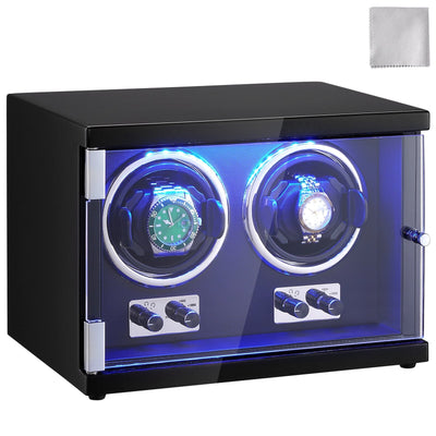 VEVOR Watch Winder, Dual Watch Winder for Men's and Women's Automatic Watch, with 2 Super Quiet Japanese Mabuchi Motors, Blue LED Light and Adapter, High-Density Board Shell and Black PU 