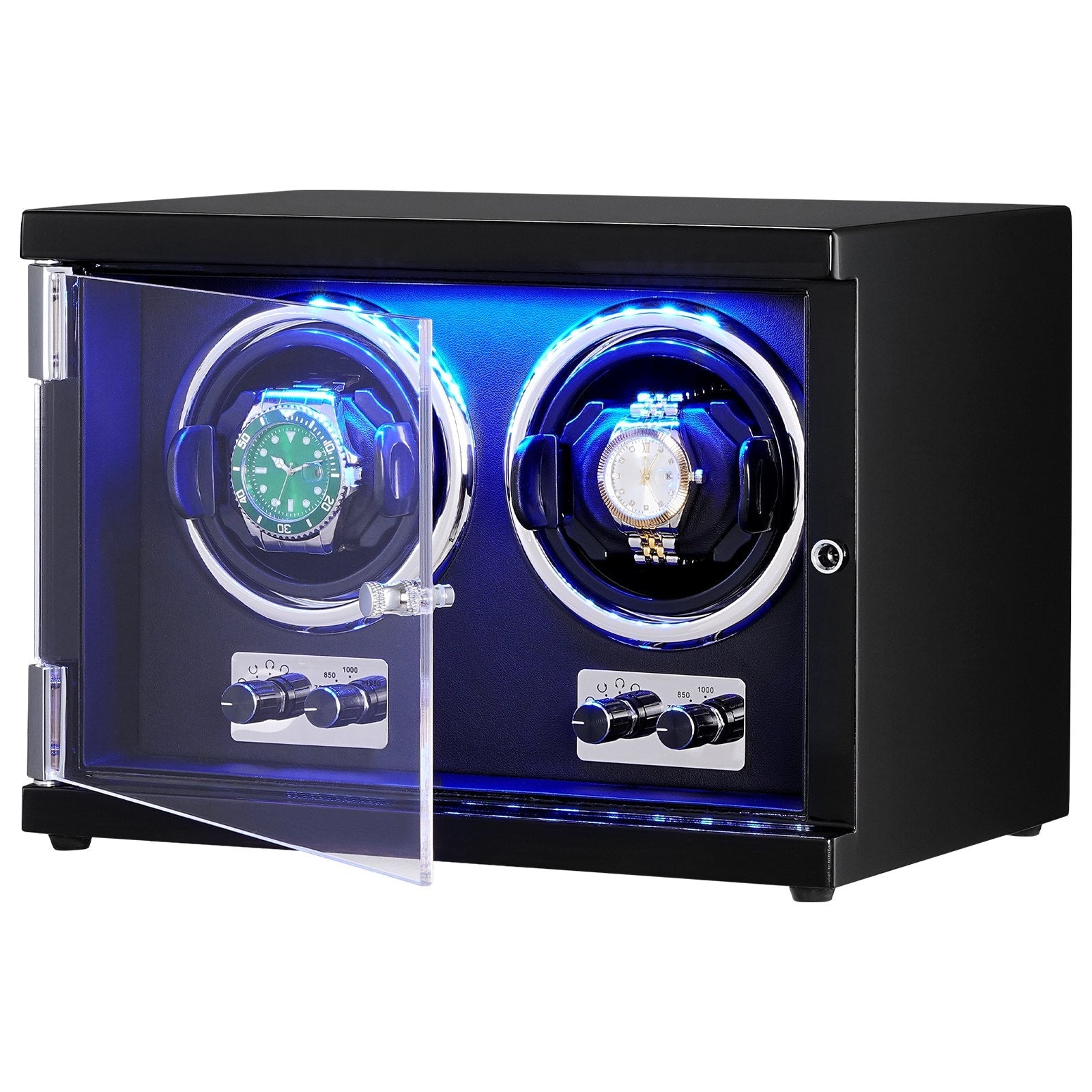 VEVOR Watch Winder, Dual Watch Winder for Men's and Women's Automatic Watch, with 2 Super Quiet Japanese Mabuchi Motors, Blue LED Light and Adapter, High-Density Board Shell and Black PU 