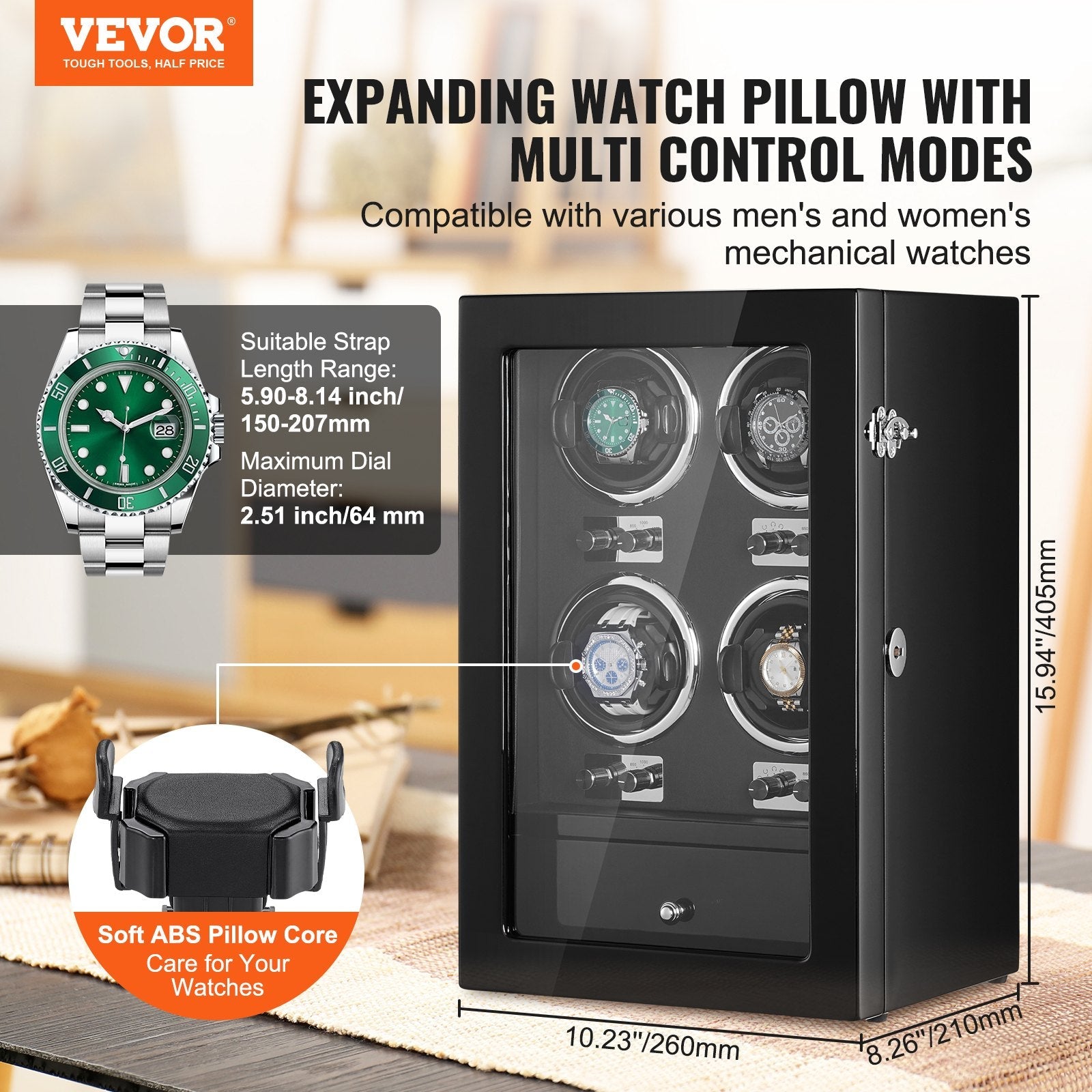 VEVOR Watch Winder, Watch Winder for 4 Men's and Women's Automatic Watches, with 4 Super Quiet Japanese Mabuchi Motors, Blue LED Light and Adapter, High-Density Board Shell and Black PU 