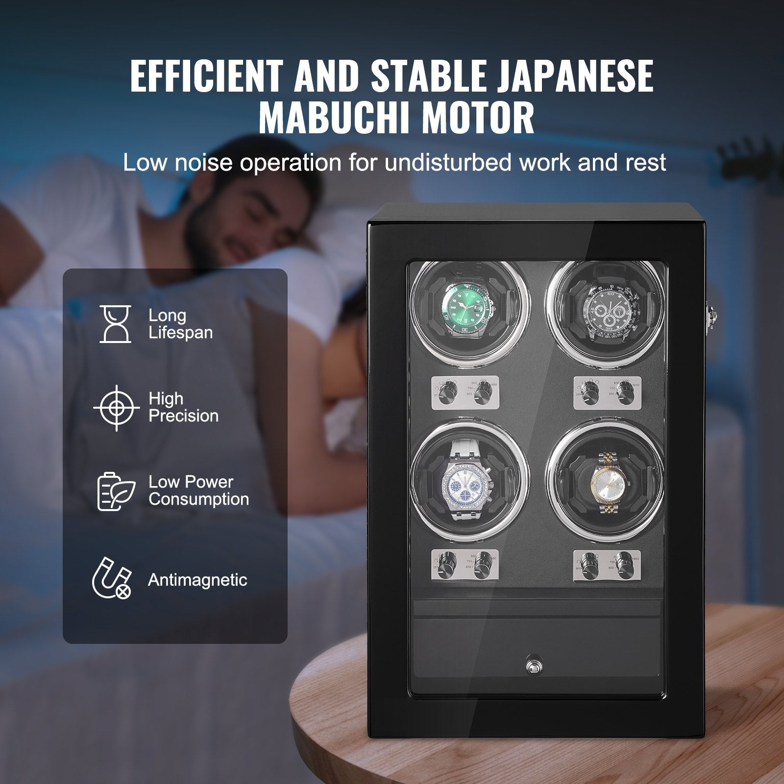 VEVOR Watch Winder, Watch Winder for 4 Men's and Women's Automatic Watches, with 4 Super Quiet Japanese Mabuchi Motors, Blue LED Light and Adapter, High-Density Board Shell and Black PU 