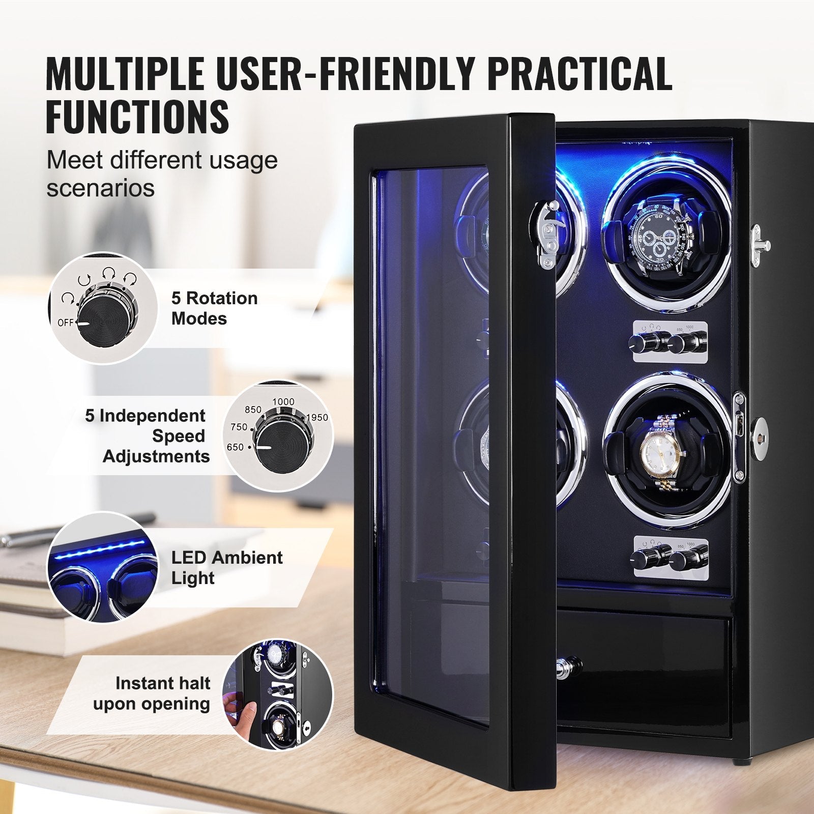 VEVOR Watch Winder, Watch Winder for 4 Men's and Women's Automatic Watches, with 4 Super Quiet Japanese Mabuchi Motors, Blue LED Light and Adapter, High-Density Board Shell and Black PU 