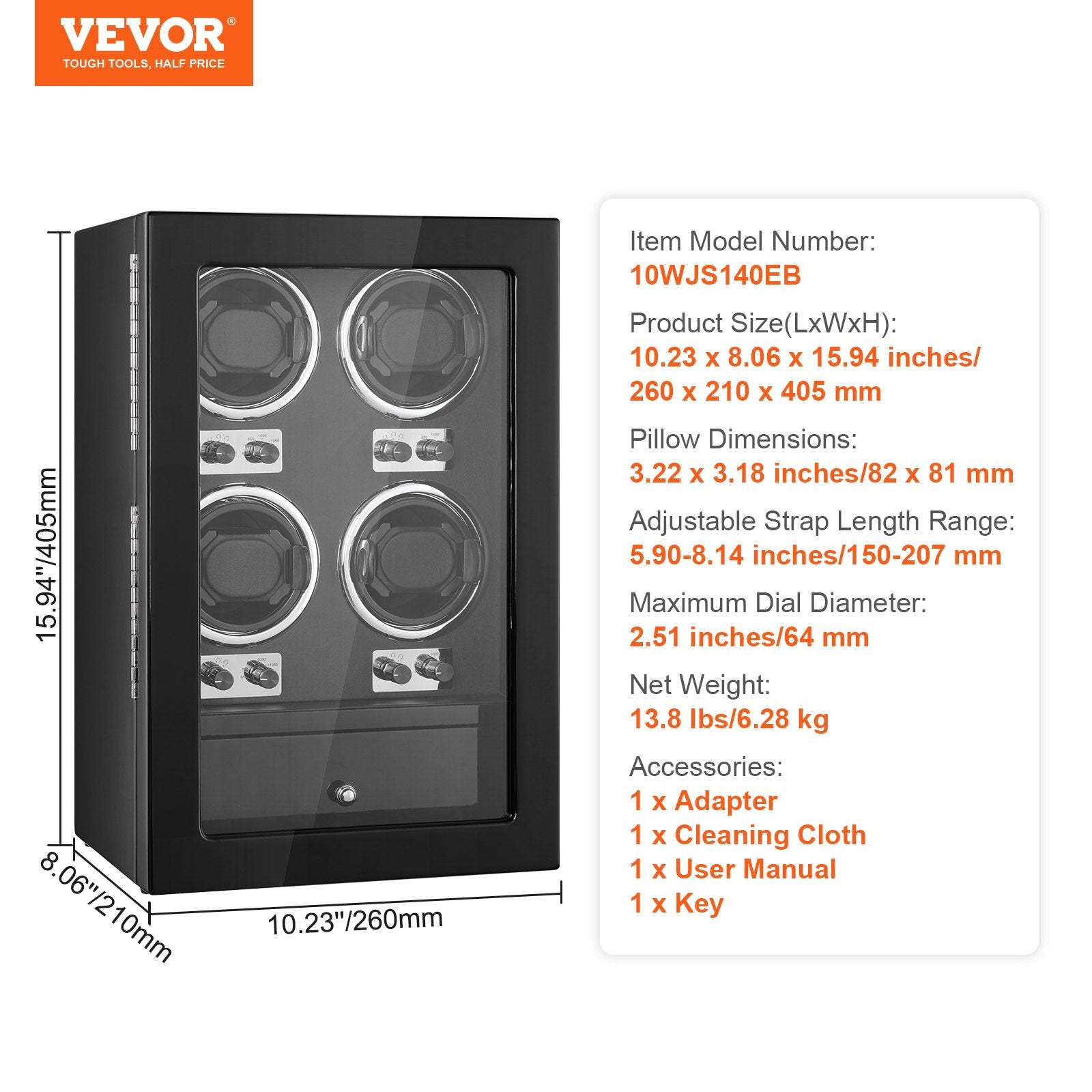 VEVOR Watch Winder, Watch Winder for 4 Men's and Women's Automatic Watches, with 4 Super Quiet Japanese Mabuchi Motors, Blue LED Light and Adapter, High-Density Board Shell and Black PU 