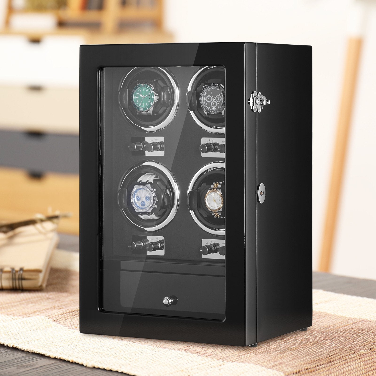 VEVOR Watch Winder, Watch Winder for 4 Men's and Women's Automatic Watches, with 4 Super Quiet Japanese Mabuchi Motors, Blue LED Light and Adapter, High-Density Board Shell and Black PU 