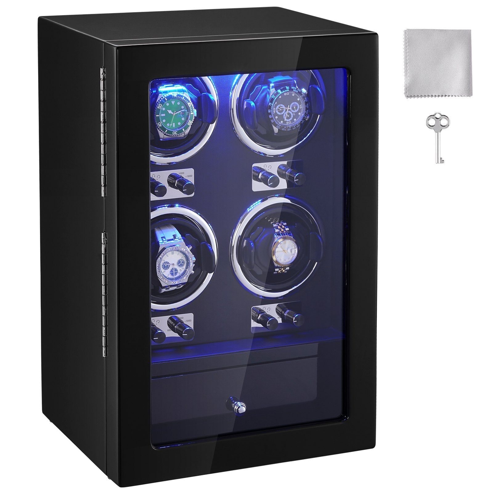 VEVOR Watch Winder, Watch Winder for 4 Men's and Women's Automatic Watches, with 4 Super Quiet Japanese Mabuchi Motors, Blue LED Light and Adapter, High-Density Board Shell and Black PU 