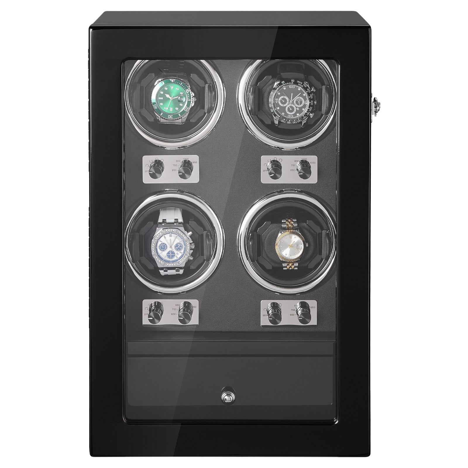 VEVOR Watch Winder, Watch Winder for 4 Men's and Women's Automatic Watches, with 4 Super Quiet Japanese Mabuchi Motors, Blue LED Light and Adapter, High-Density Board Shell and Black PU 