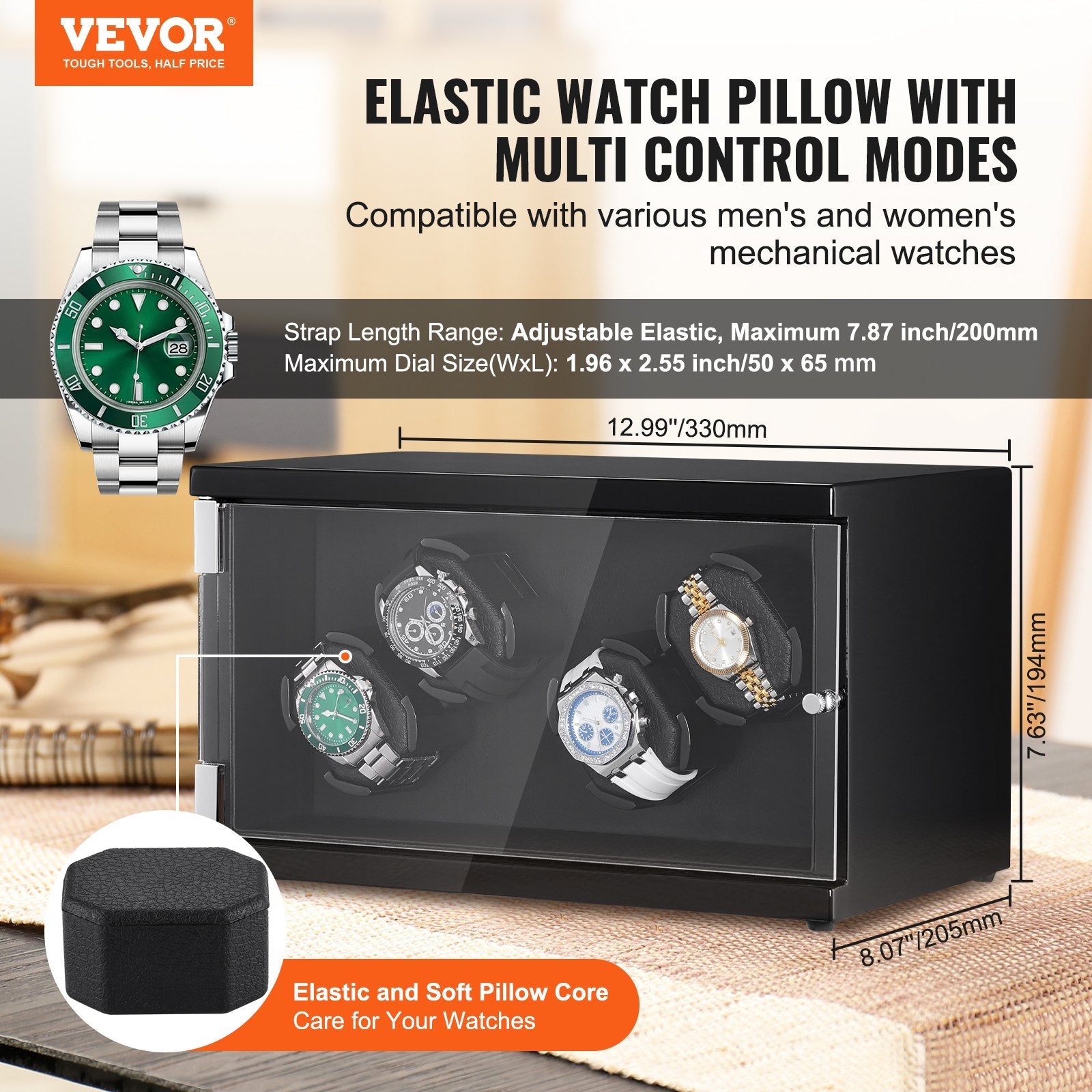 VEVOR Watch Winder, Watch Winder for 4 Men's and Women's Automatic Watches, with 2 Super Quiet Japanese Mabuchi Motors, Blue LED Light and Adapter, High-Density Board Shell and Black PU 