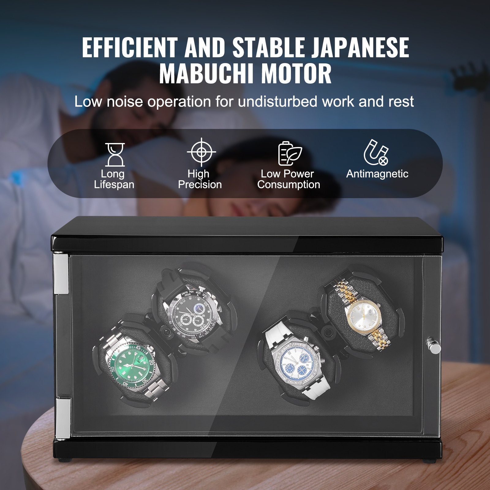 VEVOR Watch Winder, Watch Winder for 4 Men's and Women's Automatic Watches, with 2 Super Quiet Japanese Mabuchi Motors, Blue LED Light and Adapter, High-Density Board Shell and Black PU 