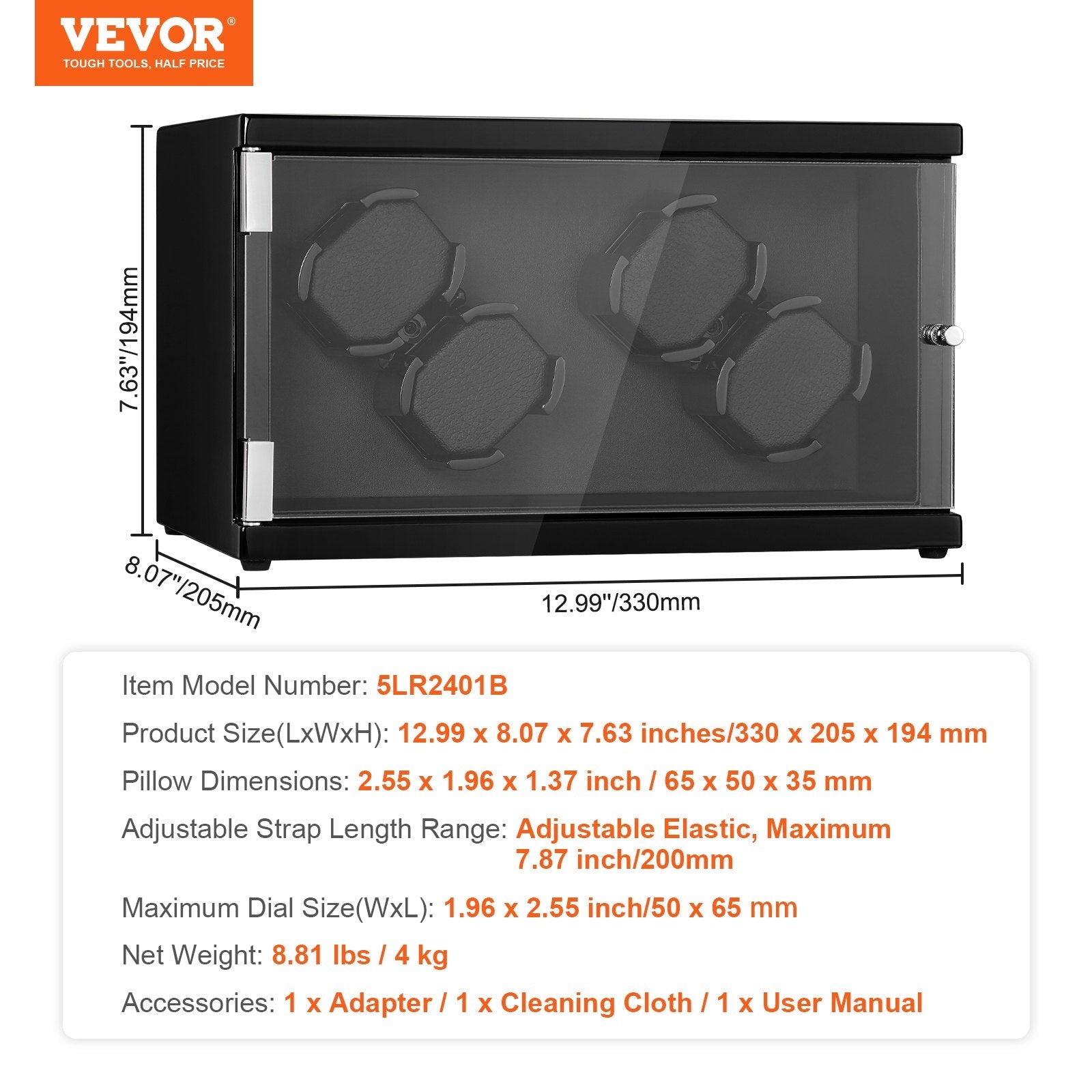 VEVOR Watch Winder, Watch Winder for 4 Men's and Women's Automatic Watches, with 2 Super Quiet Japanese Mabuchi Motors, Blue LED Light and Adapter, High-Density Board Shell and Black PU 